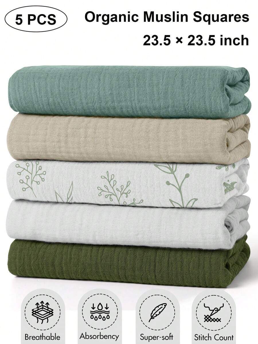 5pcs Baby Muslin Swaddle Blankets, 23.5 X 23.5 Inch Large Soft Breathable Muslin Blankets For Newborn Boys And Girls
