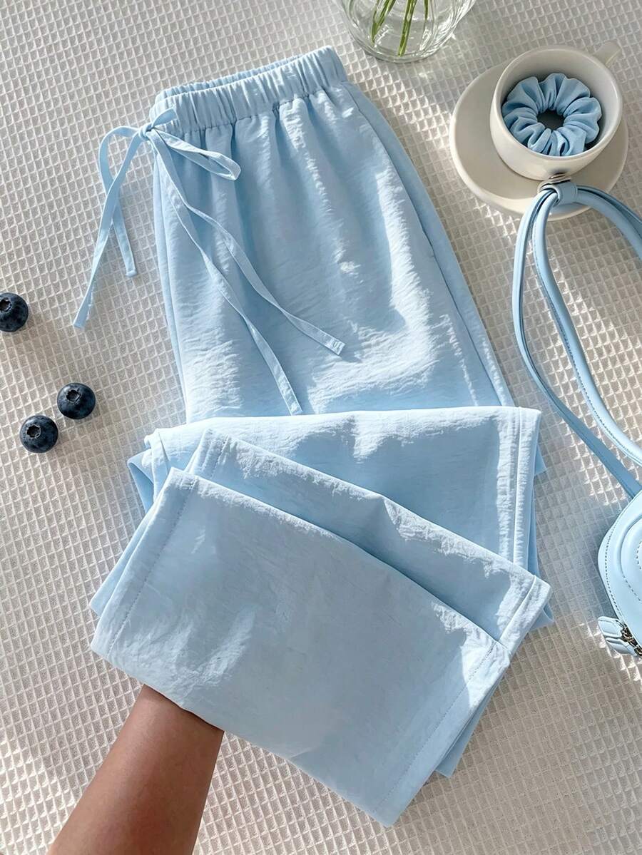 Quần nữ dáng rộng, thoáng khí, nhẹ, cạp chun, ống rộng, màu xanh nhạt, thích hợp mặc mùa hè. - Màu xanh nhạt - Xem 1