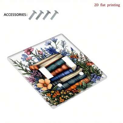 1pc Vintage Book & Floral Decor Switch Plate Cover - Book Stack Design With Flower Patterns, Switch Faceplate For Single-Gang Outlet, Easy Install Bookend Plate For Bookshelf Or Wall (Pink, Blue, Yellow, Green, Beige) - Décor, 2D Flat