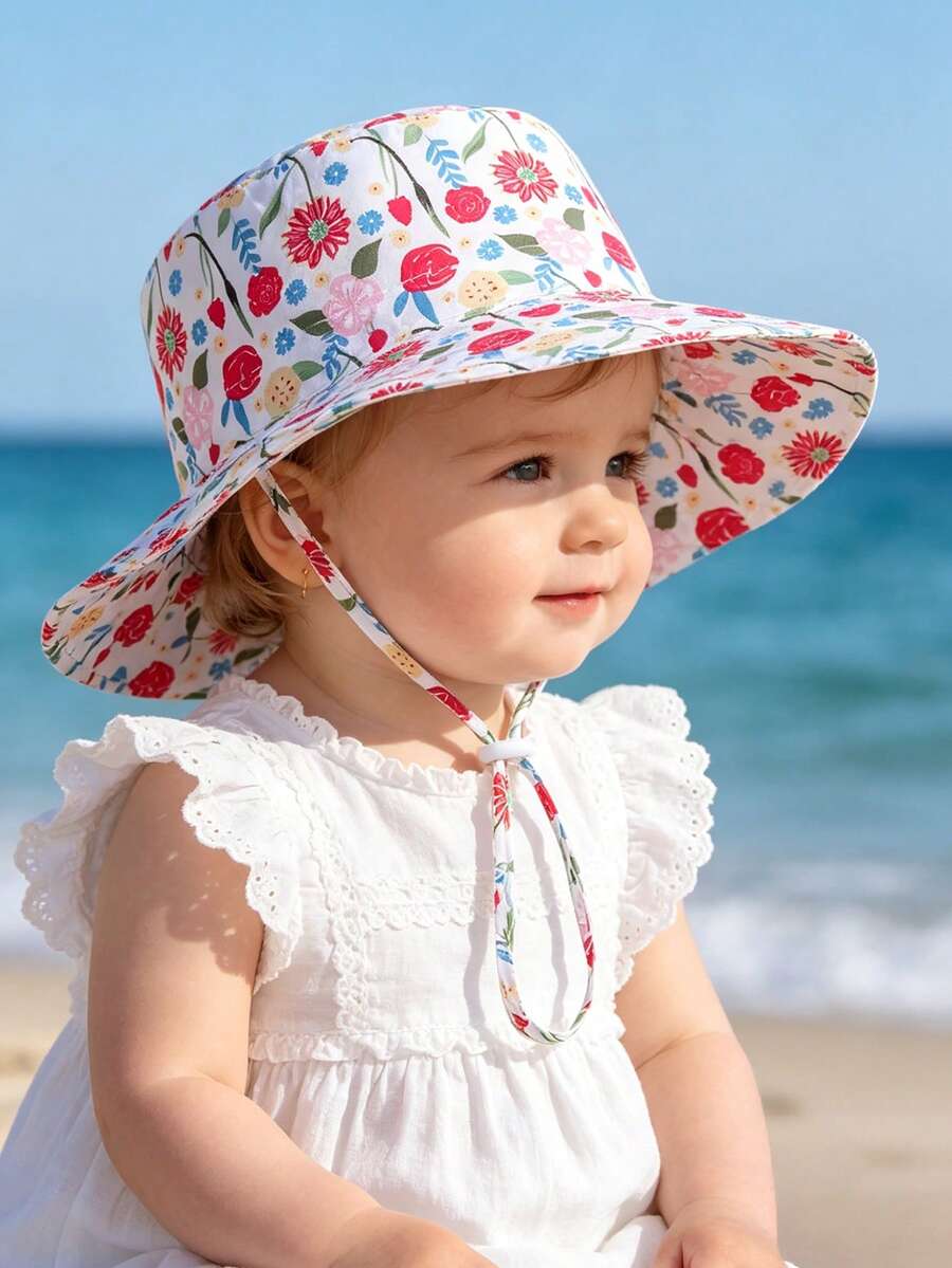 1顶可调节宽檐印花遮阳帽，带下巴系带，婴儿/幼儿女童夏季防紫外线游戏帽 - 玫瑰花 - 查看 1