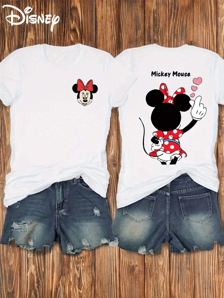 Disney Women's T-Shirt Circle Authorization, Leopard Print Mickey Double-Sided Printed Soft Elastic Casual Short Sleeved Top, Fashionable Short Sleeved Round Neck T-Shirt, Women's Clothing - 黑色 - 查看 1