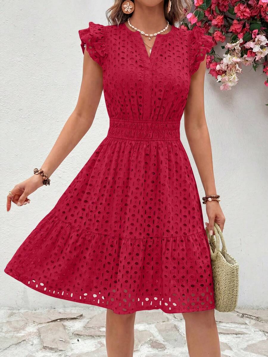 PRETTYGARDEN Women's Summer Dresses Eyelet Cap Sleeve V Neck Short Boho Wedding Guest Graduation Dress Beach Vacation Sundresses Dresses For Women - 紅色 - 查看 1