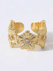 1pc Gold Plated Open Ring, Adjustable Statement Ring With Croissant, Flower, Bow, Pearl & Irregular Textured Designs For Women Daily & Party Wear - Gold - View 15