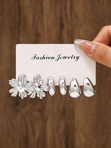 Ensemble de 4/6/16 pièces de boucles d'oreilles argentées, feuille de ginkgo, goutte d'eau, design de boucles d'oreilles épaisses, boucles d'oreilles légères et à la mode pour femmes, cadeau idéal - Argent - Voir 9