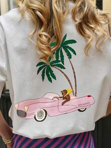Plus Size Short Sleeve Round Neck Graphic Print T Shirt With Palm Tree And Pink Car Design Casual Vacation - White - View 3