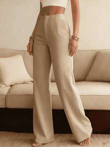 Women's Solid Color Wide Leg Straight Casual Pants, Versatile Business Commuter Trousers Spring - Khaki - View 5