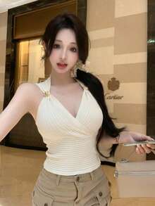 新款春夏性感金属针织吊带背心，修身露脐上衣 - 杏色 - 查看 5