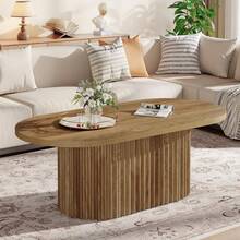 LITTLE TREE Farmhouse Oval Wooden Coffee Table, Rustic Fluted Center Table For Living Room Apartment And Office - Light Brown - View 1