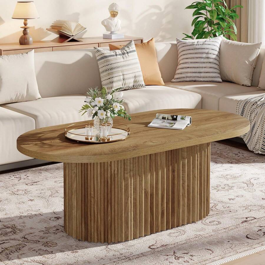 LITTLE TREE Farmhouse Oval Wooden Coffee Table, Rustic Fluted Center Table For Living Room Apartment And Office - Light Brown - View 1