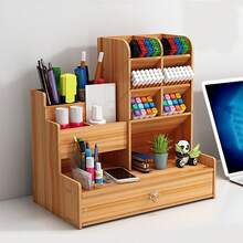 1pc Desktop DIY Pen Holder Storage Box Multi-Functional Office Supplies Stationery Organizer Large Capacity Student Wood Plastic Pen Rack - A - View 4