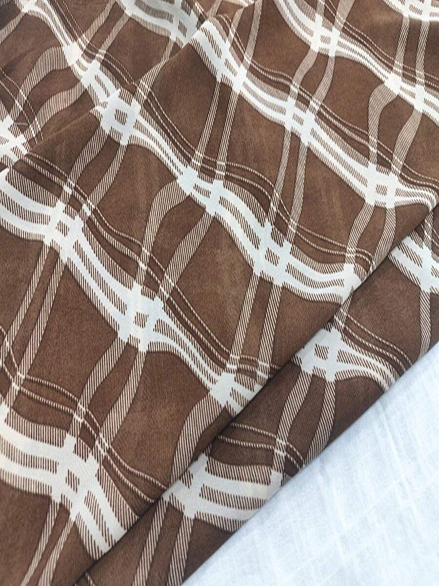 1 pieza Tela de gasa con estampado de cuadros negros y perlas, tela de gasa con estampado retro de estilo universitario para camisas, vestidos - Marrón claro - Ver 1