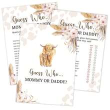 10/30 Psc Boho Cow Who Mommy Or Daddy Game, Trò chơi tiệc mừng em bé, Thẻ trò chơi tiệc tiết lộ giới tính, Không phân biệt giới tính bé trai hay bé gái - Nhiều màu - Xem 1