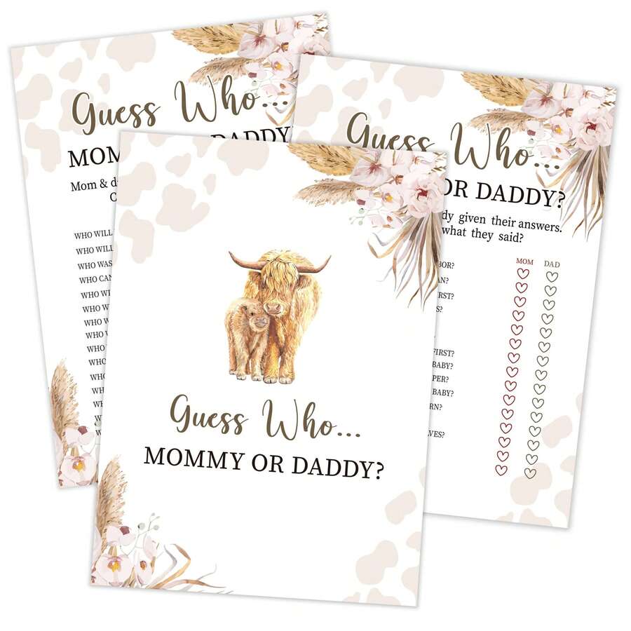 10/30 Psc Boho Cow Who Mommy Or Daddy Game, Trò chơi tiệc mừng em bé, Thẻ trò chơi tiệc tiết lộ giới tính, Không phân biệt giới tính bé trai hay bé gái - Nhiều màu - Xem 1