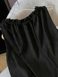 Women's French Style Black Polka Dot Satin Drawstring Loose Fit Blouson Tank Top Casual Summer - Pure Black - View 9