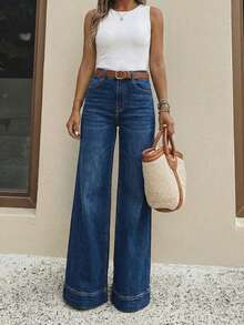 Jeans de pierna acampanada con bolsillos y botones, de uso casual y versátil para uso diario, para primavera - Azul oscuro - Ver 2