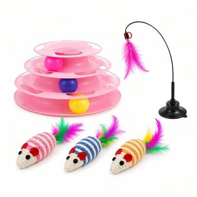 3 In 1 Interactive Cat Toy Set, Track Ball Tower With Suction Cup Wand & Feather Mice Toys For Indoor Cats, Kitten Play Toy Bundle