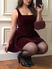 Voworia Plus Size Elegant French Romantic Daily, Date Night, Holiday, Formal Dinner Christmas Party Velvet Retro Backless Waist Fit & Flare Mini Dress Summer - Burgundy - View 1
