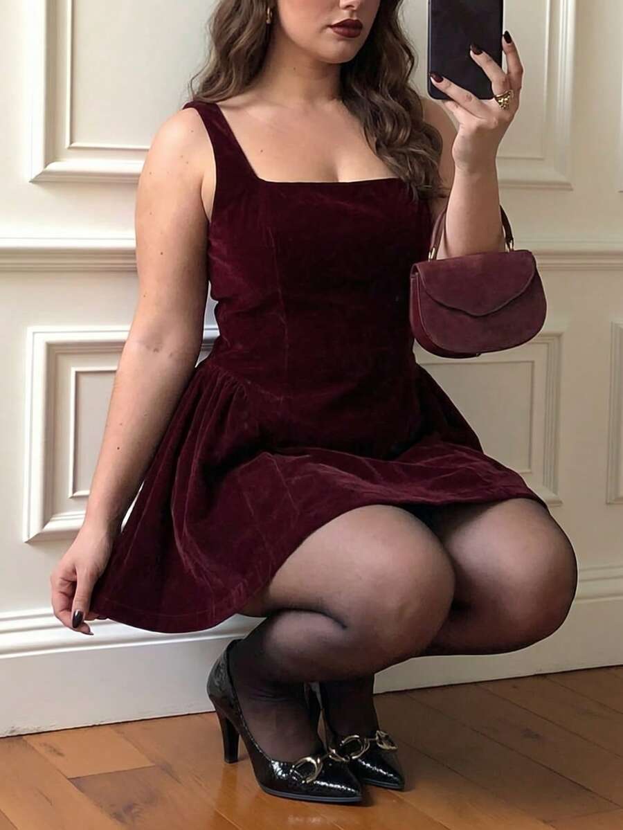Voworia Plus Size Elegant French Romantic Daily, Date Night, Holiday, Formal Dinner Christmas Party Velvet Retro Backless Waist Fit & Flare Mini Dress Summer - Burgundy - View 1