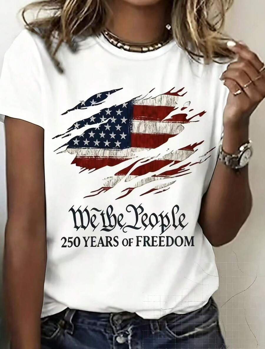 Women's Patriotic Christian Faith T-Shirt, American Flag Cross, Printed Short Sleeve, Faith Over Fear, Casual Crew Neck Top, Gift For Patriots And Veterans - trắng - Xem 1