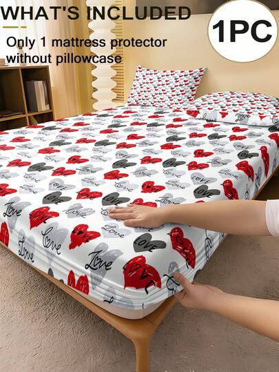 1pc LOVE Heart Print Fitted Sheet (Fitted Sheet Only, No Pillowcase), Soft & Breathable 100% Polyester Mattress Cover, Fits Twin/Full/Queen/King Size Beds. Suitable For Bedroom, Guest Room, Dorm, Hotel, All Seasons