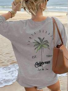 TopsWomen's Casual Round Neck Palm Tree & Letter Print Vacation Style Short Sleeve T-Shirt Top, White & Pink Women's Summer Cotton Short Sleeve T-Shirt, Beach Vacation, Literary & Fresh StyleLoose And Comfortablesummer Tops - 淺藍色 - 查看 8