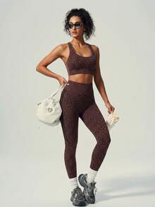 女士棕色豹纹高腰塑身提拉无缝瑜伽紧身裤，春夏运动款 - 棕色 - 查看 10