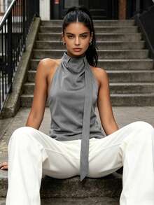 Womens Halter Tank Tops Summer Fashion Solid Color Mock Neck Backless Going Out Vest - Grey - View 2