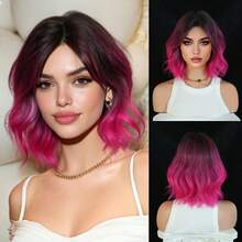Hot Pink Brown Ombre Short Bob Small To Medium Curls Dark Roots With Nature Bangs 12-Inch Heat-Resistant Synthetic Hair For Party,Daily,Music Festival,Gatherings And Ceremonies - Hot Pink - View 12