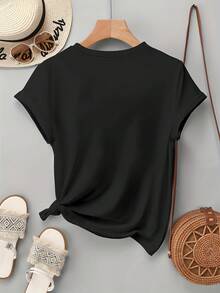 -Women's 180g Graphic Print Shirt - Artistic Design And White, Round Neck, Short Sleeves, Casual Top, Washable, -Women's Shirts, Everyday Top, Minimalist Design, Quality Seams, Printed T-Shirt, Women's, Weekend Style. - Black - View 5