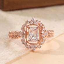 Women's Geometric Design Wedding Ring, Inlaid Synthetic Cubic Zirconia, Elegant Jewelry For Engagement Party - Rose Gold - View 11