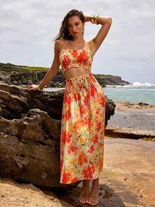 Conjunto Casual com Estampa Floral Laranja Vibrante, Decoração de Laço Frontal Sólido Fofo, Praia, Férias, Verão Elegante - Laranja - Visão 7