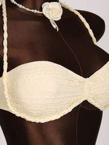 Conjunto de traje de baño de 3 piezas para mujer con top bandeau de unicolor, cuello alto fruncido y bajo fruncido, hecho de tela especial trenzada - Beis - Ver 7