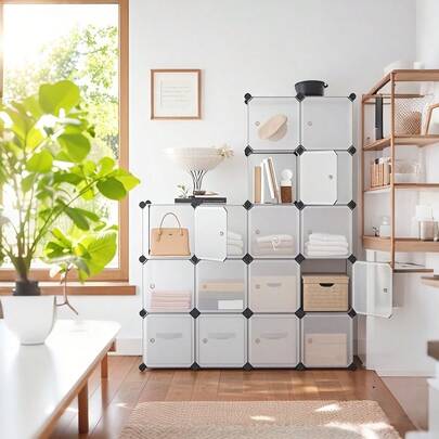 Wardrobe With Doors, Shelving Unit, 16-Compartment Storage Cabinet, Shoe Rack, Stackable Cubes, Plastic Wardrobe, Suitable For Bedrooms And Offices, Easy To Assemble, White, Storage Drawer Units