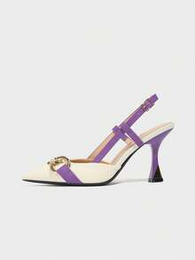Women's Color Block Chain Decor Pointed Toe Closed Toe High Heel Pumps With Ankle Strap, Elegant For Daily Commute, Party, Date, Holiday Celebration, Formal Occasions, Suitable For 2026 All Seasons, Purple High Heels - Purple - View 6