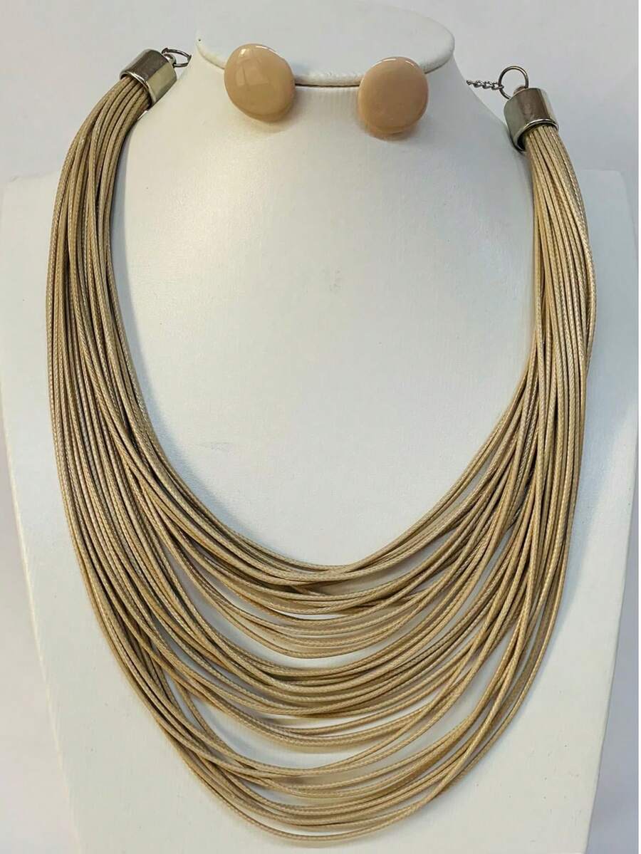 Maxi Waxed Multi-Strand Necklace Set With Button Earrings - 米色 2 - 查看 1
