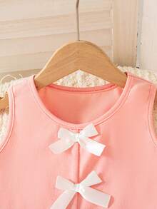 2pcs Girls Casual Outfits, Sleeveless Solid Color Top With 3D Bow Design And Elastic Waist Pants, Spring/Summer - Pink - View 3