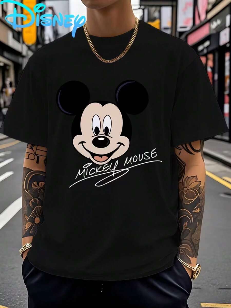 Disney Authorized-Mickey Mouse Cartoon Printed Men's Short-Sleeved T-Shirts, T-Shirts For Leisure And Comfort, Breathable And Light, Fashionable Street Clothes, And Men's Wear In Summer. - màu đen - Xem 1