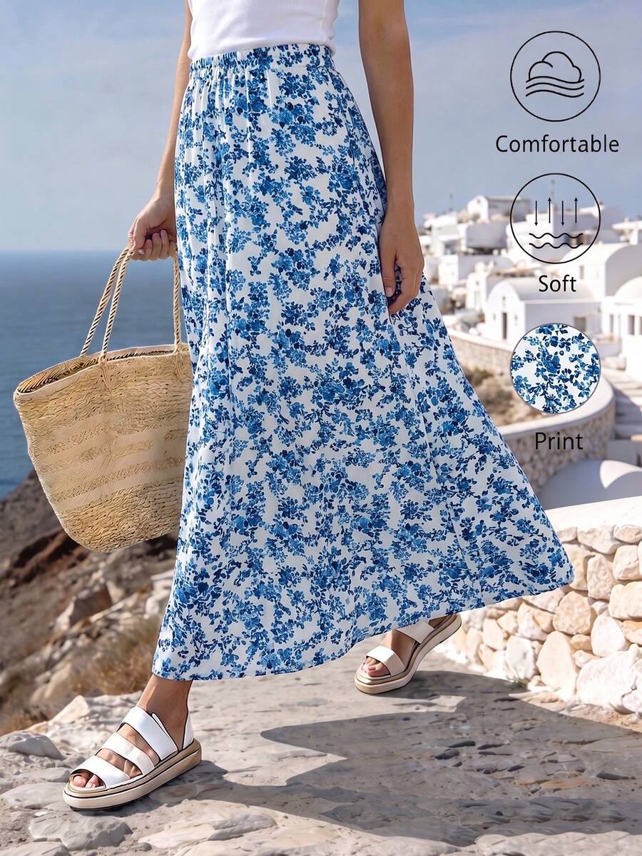 1 chiếc chân váy ngắn kiểu Bohemian họa tiết lá và hoa nhí, viền bèo nhún, thích hợp mặc đi nghỉ mát mùa xuân/hè. - Màu xanh lam - Xem 1
