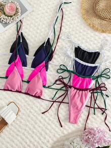 New Solid Pink Backless Tie-Up Halter Bikini Set, Beach, Resort, Pool Party, Summer Vacation - Pink - View 4