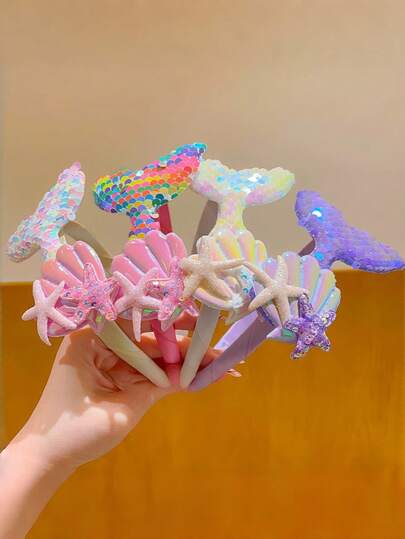 2 chiếc băng đô đuôi nàng tiên cá đính sequin ngẫu nhiên, băng đô hình sao biển và vỏ sò trang trí cho bé gái, phụ kiện tóc dự tiệc cosplay