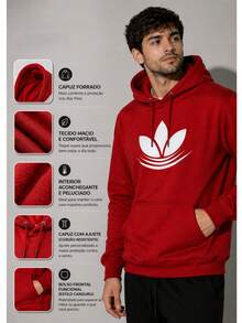 Men's Kangaroo Hoodie With Pocket, Hood, And Drawstring, Soft Fleece Lined, Printed, Unisex, Basic, Comfortable Winter Sweatshirt - 紅色 - 查看 4
