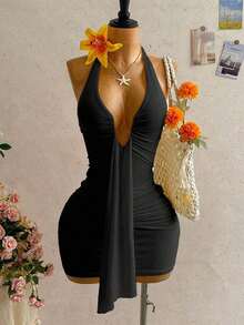 Vestido mini casual de vacaciones para mujer con escote en V profundo, cuello halter con lazo, y drapeado.Adecuado para la playa, cruceros y festivales de música en verano - Negro 2 - Ver 1