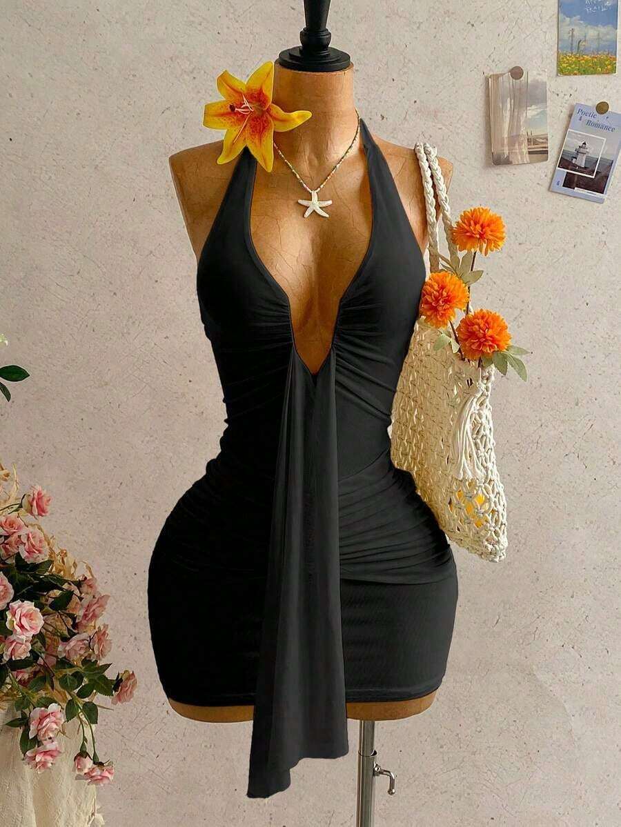 Vestido mini casual de vacaciones para mujer con escote en V profundo, cuello halter con lazo, y drapeado.Adecuado para la playa, cruceros y festivales de música en verano - Negro 2 - Ver 1