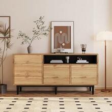 Modern Sideboard With Wooden Frames And Trim, 160 X 35 X 76 Cm, Easy Assembly, Flat-Sparendes Design, Robust And Durable - Natural Wood - 查看 2
