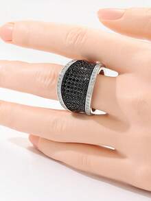 1pc Vintage Fashionable Wide Ring, Sparkling Wedding Band, Ideal Gift For Her To Wear At Weddings And Formal Events - Silver - View 7