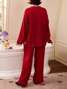 Set de 2 piezas de pijama de mujer con estampado de Stitch, blusa de manga larga con cuello en V rojo y pantalón largo de cintura elástica, ropa de estar por casa suave - Rojo - Ver 2