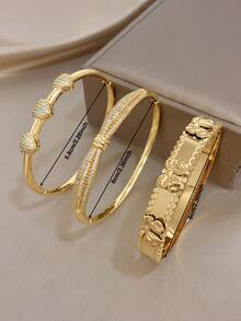 Elegant Luxury Zirconia Heart Bangle Bracelet Sets For Women Charm Bow Golden Thin Bangle Bracelet For Party Vacation Festival Mother Day Valentine Christmas Jewelry Gifts - Multicolor - View 10