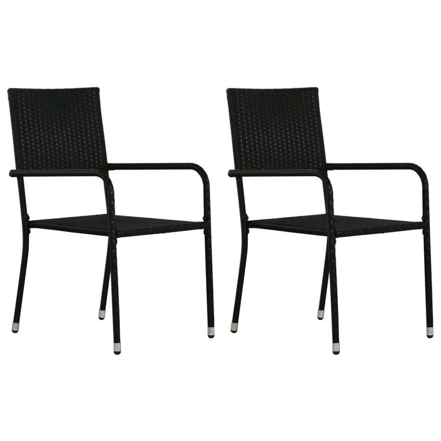 vidaXL Chaise à dîner de jardin empilable lot de 2 noir résine tressée - A - Voir 1