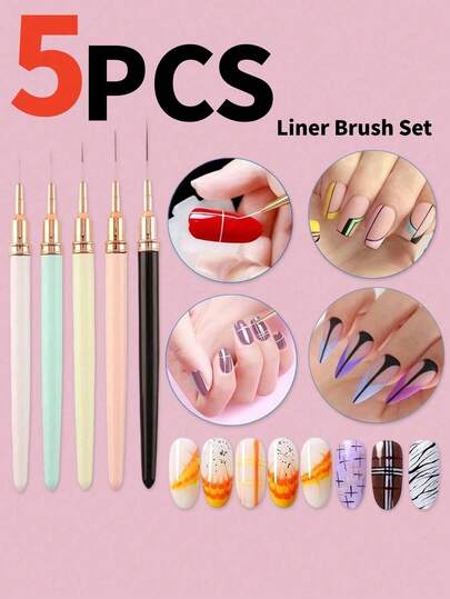 5pcs Nail Art Liner Brushes Set, Gel Polish Painting Design Pens, Suitable For Fine Lines, Small Details, Precise Painting, Detailed Coloring, Size 7/9/11/15/25mm, Nail Art Pencils, Nail Polish Pens, Nail Liner Markers, Floral Painting Brushes, Nail Products, Nail Tools, Women's Gifts, Nail Stickers, Rhinestone Kits, Nail Brushes, Colored Markers, Nail Decorations, Travel Essentials, Affordable, Summer