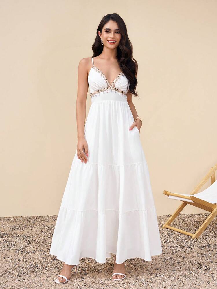 PARTHEA Casual White Tiered Maxi Dress With Pockets For Women, V Neck Bead Tassel Trim Adjustable Strap Smocked Back Flowy Beach Long Dress Elegant Summer